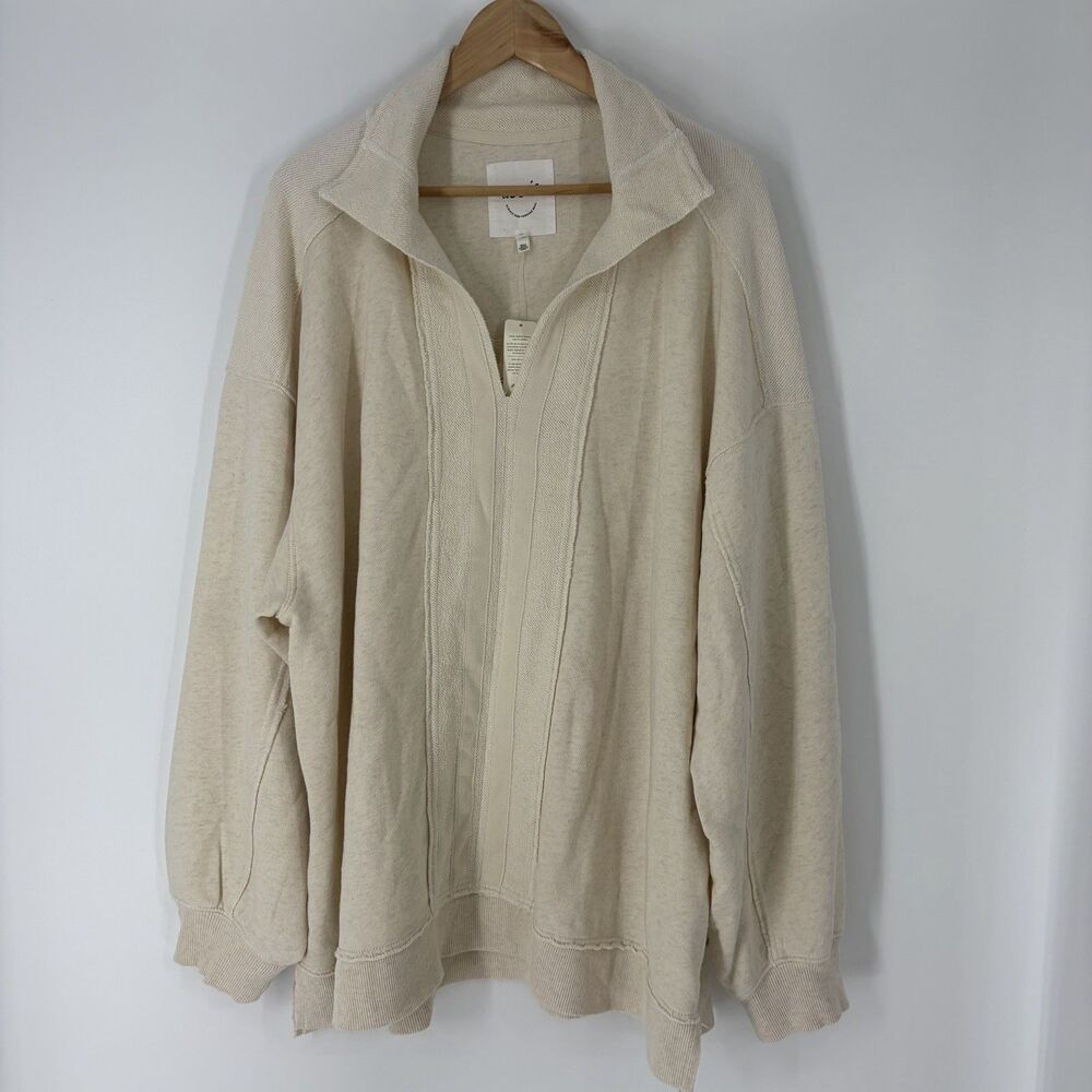 Aerie Sweatshirt Size XL Womens Cream Oversized V Neck French Terry Pullover